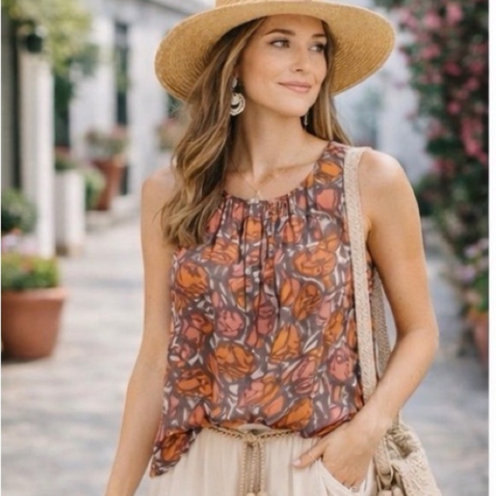 Patterson Floral Sleeveless Top Pink/Orange/Brown Sz Small Pleated Bodice Boho